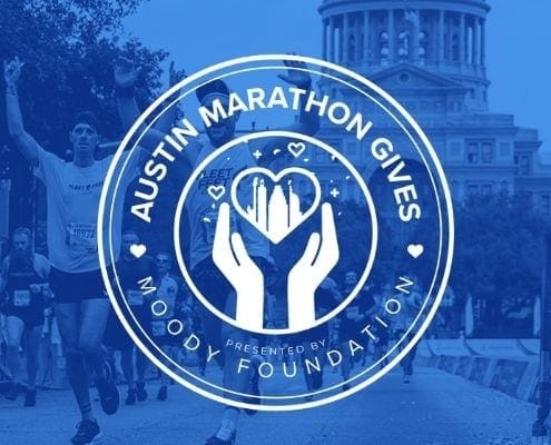 Runners cross the 2020 Austin Marathon finish line with the Texas State Capitol in the background. Overlaying the image is the new logo of Austin Marathon Gives, the Austin Marathon's philanthropic program. Learn more at https://youraustinmarathon.com/austin-marathon-gives/
