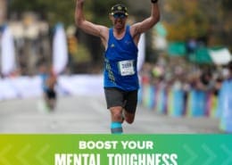 Runner crosses the Austin Marathon finish line with both arms raised triumphantly. Text on design reads Build Your Mental Toughness. Learn more at https://youraustinmarathon.com/build-mental-toughness/