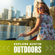 880873_AustinMarathon2020ExploreAustinOutsideFeature_110320 Female smiles while kayaking on Town Lake, one of the many amazing outdoor spaces in Austin. Read more at https://youraustinmarathon.com/outdoor-spaces-in-austin/