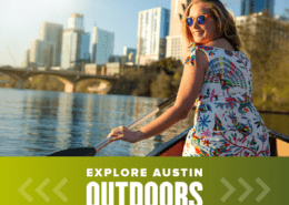 Female smiles while kayaking on Town Lake, one of the many amazing outdoor spaces in Austin. Read more at https://youraustinmarathon.com/outdoor-spaces-in-austin/