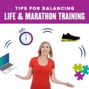 Template_SocialMediaClassic Woman juggles items to represent life and training, computer, clock, shoes, puzzle pieces. Text on design reads Tips for Balancing Life and Training. Read more at https://youraustinmarathon.com/balancing-life-and-training/