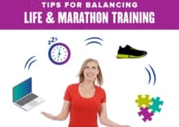 Woman juggles items to represent life and training, computer, clock, shoes, puzzle pieces. Text on design reads Tips for Balancing Life and Training. Read more at https://youraustinmarathon.com/balancing-life-and-training/