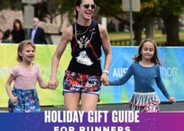 Image of a mom running towards the Austin Marathon finish line with her two children. Text on design reads 2020 Holiday Gift Guide. Learn more at http://48d.435.myftpupload.com/2020-holiday-gift-guide/