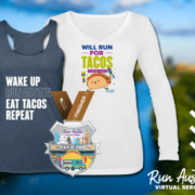 Image showcases the Taco 10K digital finisher medal, singlet, and long-sleeved shirt. Learn more at https://youraustinmarathon.com/taco-10k/