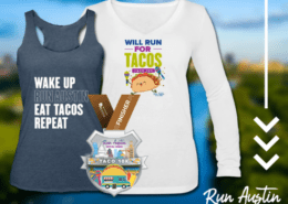 Image showcases the Taco 10K digital finisher medal, singlet, and long-sleeved shirt. Learn more at https://youraustinmarathon.com/taco-10k/