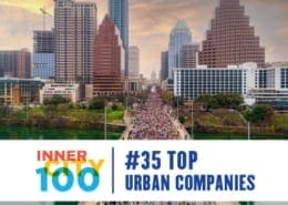 Austin skyline with marathon crowd crossing bridge