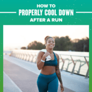 906170_AustinMarathon2020HowtoproperlycooldownafterarunFeature_113020 Female runner walks slowly after a run with a towel over her shoulder. Text on design reads How to Properly Cool Down After a Run. Learn more at http://48d.435.myftpupload.com/how-to-properly-cool-down/