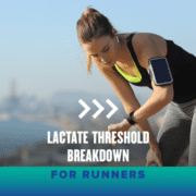 Female runner looks at her watch after a tough workout. Text on design reads Lactate Threshold Breakdown for Runners. Learn more at http://48d.435.myftpupload.com/lactate-threshold-breakdown/