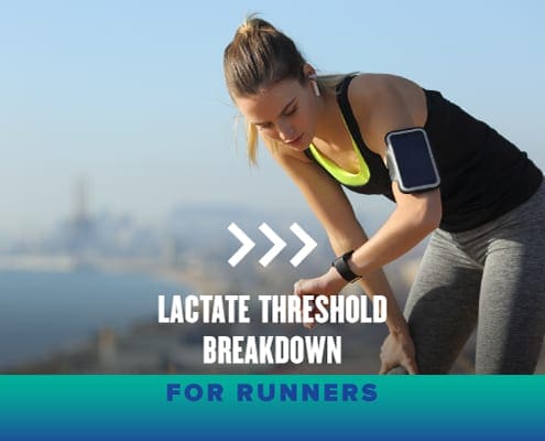 Female runner looks at her watch after a tough workout. Text on design reads Lactate Threshold Breakdown for Runners. Learn more at http://48d.435.myftpupload.com/lactate-threshold-breakdown/