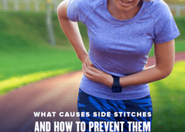 Woman is stopped mid-run, grabbing her right side. Text on design reads What Causes Side Stitches and How to Prevent Them. Read more at http://48d.435.myftpupload.com/side-stitches/