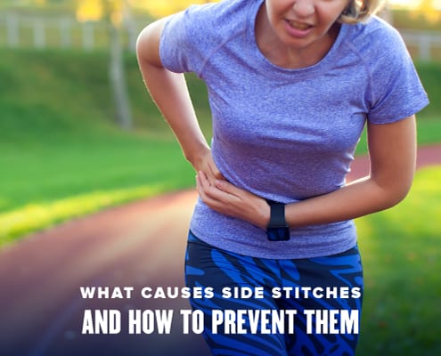 Woman is stopped mid-run, grabbing her right side. Text on design reads What Causes Side Stitches and How to Prevent Them. Read more at http://48d.435.myftpupload.com/side-stitches/