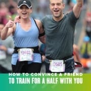Template_SocialMediaClassic A male and female runner smile for the camera and wave their arms during the Austin Half Marathon. Text on design reads Convince Your Friend to Train for a Half with You. Read more at http://48d.435.myftpupload.com/convince-your-friend/