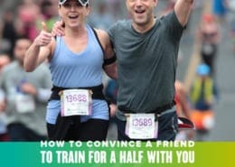 A male and female runner smile for the camera and wave their arms during the Austin Half Marathon. Text on design reads Convince Your Friend to Train for a Half with You. Read more at http://48d.435.myftpupload.com/convince-your-friend/