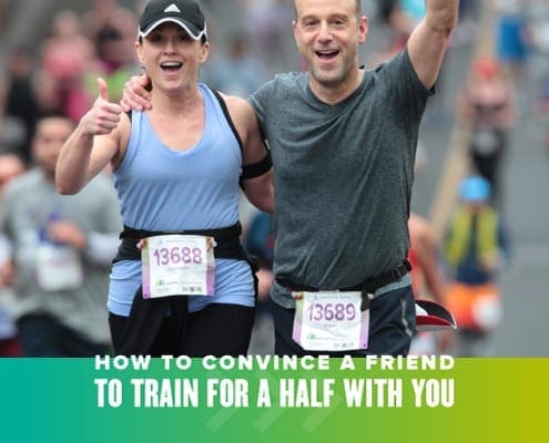 A male and female runner smile for the camera and wave their arms during the Austin Half Marathon. Text on design reads Convince Your Friend to Train for a Half with You. Read more at http://48d.435.myftpupload.com/convince-your-friend/