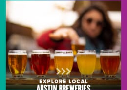 Woman points to a beer within a flight of beers. Text on design reads Explore Local Austin Breweries. Learn more at http://48d.435.myftpupload.com/local-austin-breweries/