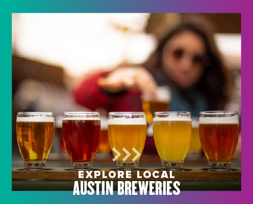 Woman points to a beer within a flight of beers. Text on design reads Explore Local Austin Breweries. Learn more at http://48d.435.myftpupload.com/local-austin-breweries/