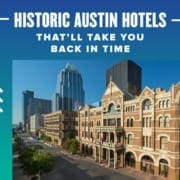 902163_AustinMarathon2020HistoricAustinHotelsthat’llTakeYouBac Image of The Driskill hotel with the Austin skyline in the background. Text on design reads Historic Austin Hotels That'll Take You Back in Time. Read more at http://48d.435.myftpupload.com/historic-austin-hotels/