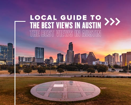 View of the Austin skyline as the sun rises. Text on design reads Local Guide to the Best Views in Austin. Rear more at http://48d.435.myftpupload.com/best-views-of-austin/