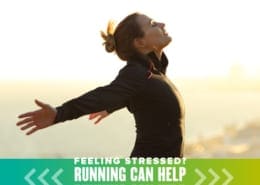 Woman opens her arms and faces the sunshine during a run. Text on design reads Feeling Stressed? Running Can Help Reduce Your Stress. Learn more at http://48d.435.myftpupload.com/reduce-your-stress/
