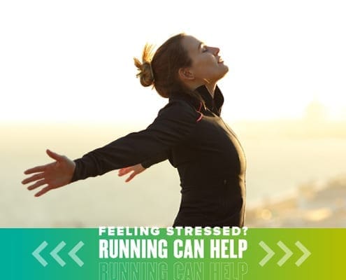 Woman opens her arms and faces the sunshine during a run. Text on design reads Feeling Stressed? Running Can Help Reduce Your Stress. Learn more at http://48d.435.myftpupload.com/reduce-your-stress/