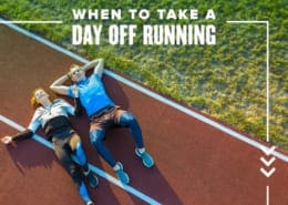 Male and female runner lay on the track after a workout. Text on design reads When to Take a Day Off Running. Read more at http://48d.435.myftpupload.com/take-a-day-off/