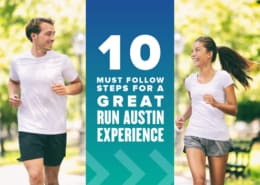 Male and female runner engage in a conversation during their run. Text on design reads 10 Must Follow Steps for a Great 2021 Run Austin Experience. Learn more at http://48d.435.myftpupload.com/2021-run-austin-experience/