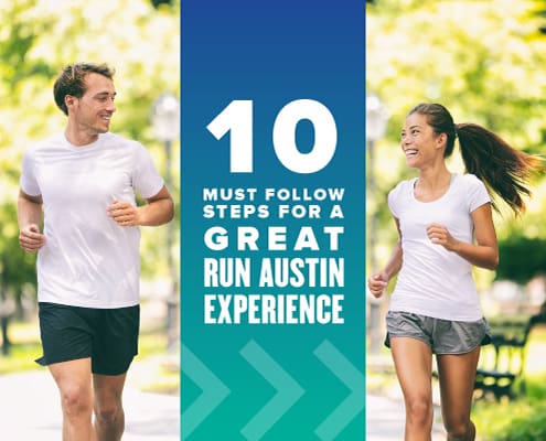 Male and female runner engage in a conversation during their run. Text on design reads 10 Must Follow Steps for a Great 2021 Run Austin Experience. Learn more at http://48d.435.myftpupload.com/2021-run-austin-experience/