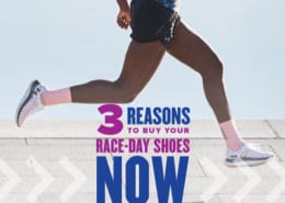 Female runner strides wearing Under Armour's Flow Velociti Wind running shoe. Text on design reads 3 Reasons to Buy Your Race-Day Shoes Now. Read more at http://48d.435.myftpupload.com/buy-your-race-day-shoes-now/