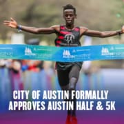 Approval Artboard 6Austin Half & 5k 2021 James Ngandu, 2020 Austin Half Marathon champion, crosses the finish line with his arms stretched out. Text on design reads City of Austin Formally Approves 2021 Austin Half Marathon and 5K. Read more at http://48d.435.myftpupload.com/city-of-austin-approves-2021-austin-half-marathon/