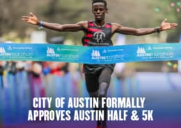 James Ngandu, 2020 Austin Half Marathon champion, crosses the finish line with his arms stretched out. Text on design reads City of Austin Formally Approves 2021 Austin Half Marathon and 5K. Read more at http://48d.435.myftpupload.com/city-of-austin-approves-2021-austin-half-marathon/