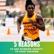 run variety feature Runner sprints towards the Austin Half Marathon finish line. Text in design reads 5 Reasons to Add Running Variety to Your Training. Learn more at http://48d.435.myftpupload.com/important-to-add-running-variety/