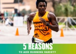 Runner sprints towards the Austin Half Marathon finish line. Text in design reads 5 Reasons to Add Running Variety to Your Training. Learn more at http://48d.435.myftpupload.com/important-to-add-running-variety/