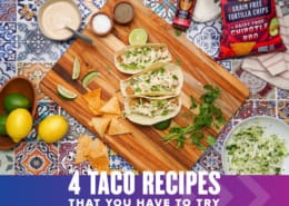 Three chipotle fish tacos sit on top of a cutting board with the ingredients surrounding them. Text on design reads 4 Siete Taco Recipes that You Have to Try. Find them at http://48d.435.myftpupload.com/siete-taco-recipes/