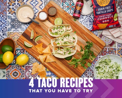 Three chipotle fish tacos sit on top of a cutting board with the ingredients surrounding them. Text on design reads 4 Siete Taco Recipes that You Have to Try. Find them at http://48d.435.myftpupload.com/siete-taco-recipes/