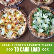 Four pizzas from Bufalina are displayed on a table. Text on design reads Local Runner's Favorite Places to Carb Load. Read more about the choices of the Comedor Run Club runners at http://48d.435.myftpupload.com/comedor-run-club-places-to-carb-load/