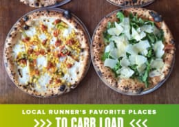 Four pizzas from Bufalina are displayed on a table. Text on design reads Local Runner's Favorite Places to Carb Load. Read more about the choices of the Comedor Run Club runners at http://48d.435.myftpupload.com/comedor-run-club-places-to-carb-load/