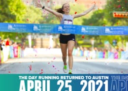 Michelle Murray, 2021 Austin Half Marathon female champion, crosses the finish line on April 25th. Text on design reads The Day Running Returned to Austin. Read more at http://48d.435.myftpupload.com/successful-return-to-running/