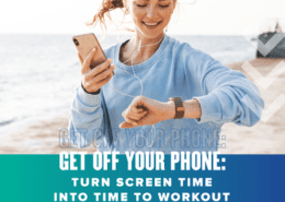 Woman smiles at her iPhone while listening to music during a run. Text on design reads Get Off Your Phone: Turn Screen Time Into Workout Time. Read more at http://48d.435.myftpupload.com/get-off-your-phone/