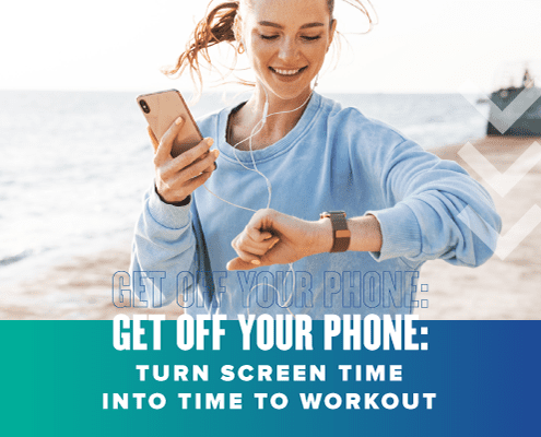 Woman smiles at her iPhone while listening to music during a run. Text on design reads Get Off Your Phone: Turn Screen Time Into Workout Time. Read more at http://48d.435.myftpupload.com/get-off-your-phone/