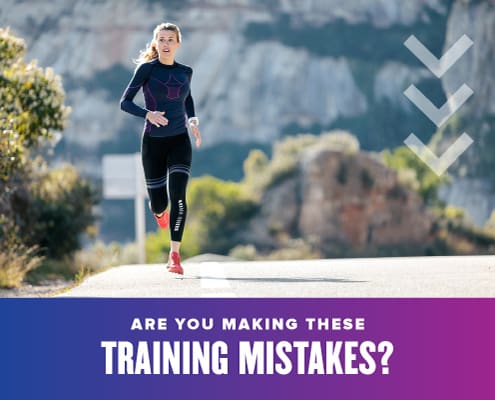 Runner strides on a road towards the camera. Text on design reads Are You Making These Training Mistakes? and leads to a blog about simple training mistakes to avoid. Read more at http://48d.435.myftpupload.com/avoid-these-simple-training-mistakes/