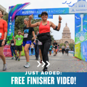 1132384_ AustinMarathon2022-FreeFinisherVideo_Feature_072721 Runners excitedly cross the Austin Half Marathon finish line. Text on design reads Just Added: Free Finisher Video and refers to the free, personalized finisher video all finishers will get at the 2022 Austin Marathon. Read more at http://48d.435.myftpupload.com/free-personalized-finisher-video/