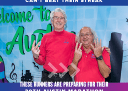 Rick Kaven and Steven Boone pose in front of a banner at an Austin Marathon expo. They're two of the three runners (Douglas Yee is not pictured) preparing to run their 30th Austin Marathon in 2022. Read more at http://48d.435.myftpupload.com/their-30th-austin-marathon/
