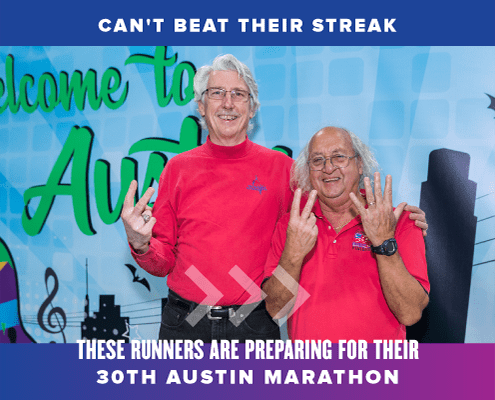 Rick Kaven and Steven Boone pose in front of a banner at an Austin Marathon expo. They're two of the three runners (Douglas Yee is not pictured) preparing to run their 30th Austin Marathon in 2022. Read more at http://48d.435.myftpupload.com/their-30th-austin-marathon/