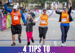 Members of a team hold hands as they cross the Austin Half Marathon finish line together. Text on design reads 4 Tips to Grow Your Team. Learn more at http://48d.435.myftpupload.com/4-tips-to-grow-your-team/