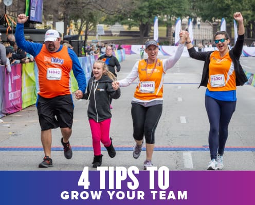 Members of a team hold hands as they cross the Austin Half Marathon finish line together. Text on design reads 4 Tips to Grow Your Team. Learn more at http://48d.435.myftpupload.com/4-tips-to-grow-your-team/
