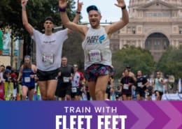 Two runners cross the Austin Half Marathon finish line. Text on design reads Train with Fleet Feet. Read about the perks and benefits of training for the Austin Marathon or Austin Half Marathon at http://48d.435.myftpupload.com/train-with-fleet-feet/