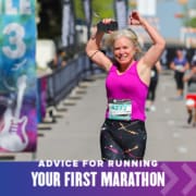 REMOVED FULL-Feature_111521-100 Female runner excitedly runs towards the finish line with her hands in the air. Text on design reads Advice for Running Your First Marathon. Read more at http://48d.435.myftpupload.com/running-your-first-marathon/
