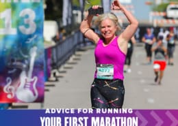 Female runner excitedly runs towards the finish line with her hands in the air. Text on design reads Advice for Running Your First Marathon. Read more at http://48d.435.myftpupload.com/running-your-first-marathon/