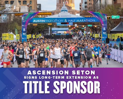 Runners take off with the Ascension Seton Austin Marathon start line in the background. Text on design reads Ascension Seton Signs Long-Term Title Sponsor Extension. Read more at http://48d.435.myftpupload.com/ascension-seton-title-sponsor-extension/