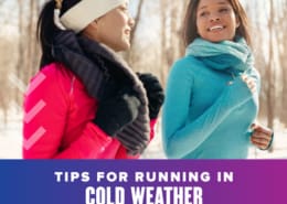 Two women running in cold snowy woods